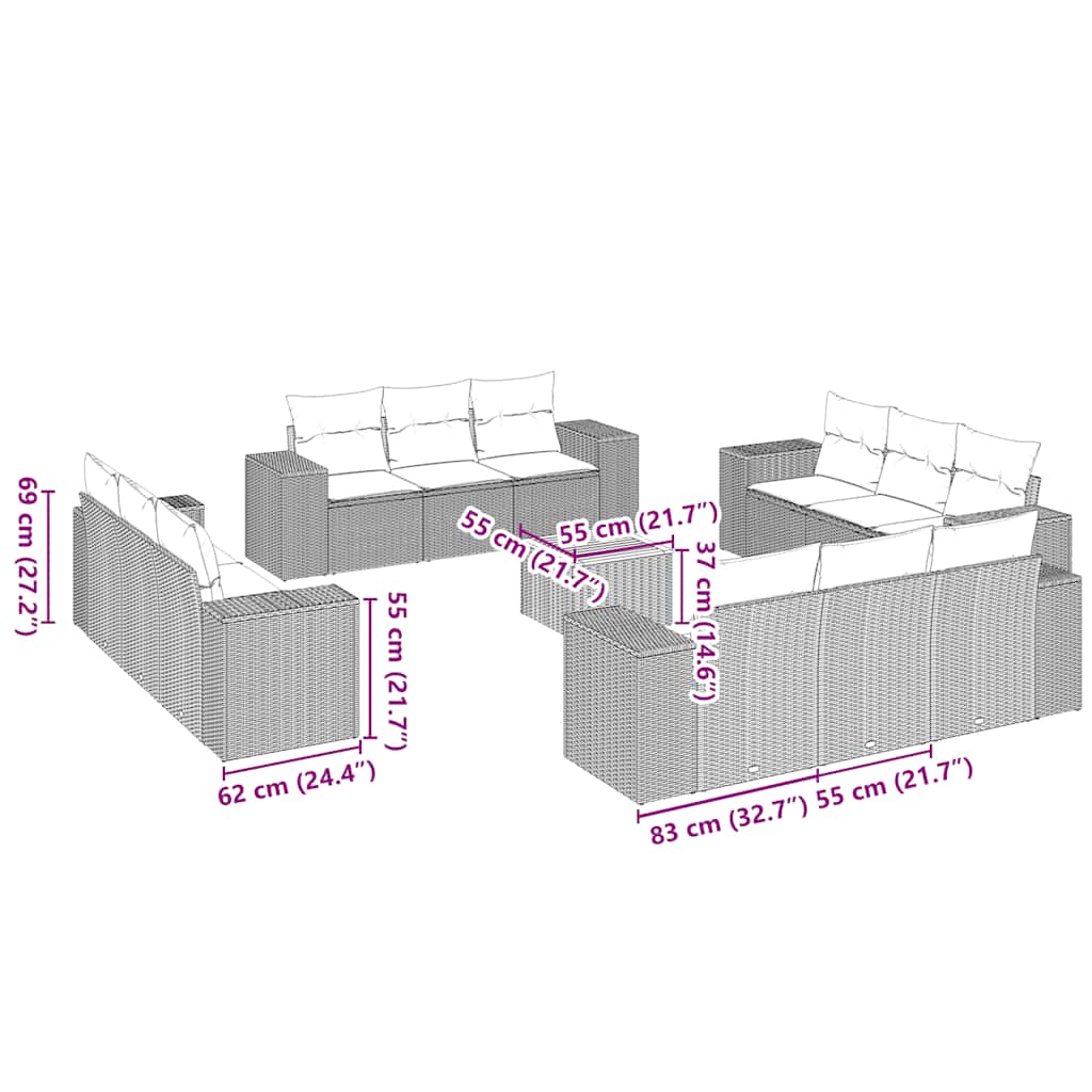 13-tlg. Garten-Sofagarnitur mit Kissen Schwarz Poly Rattan