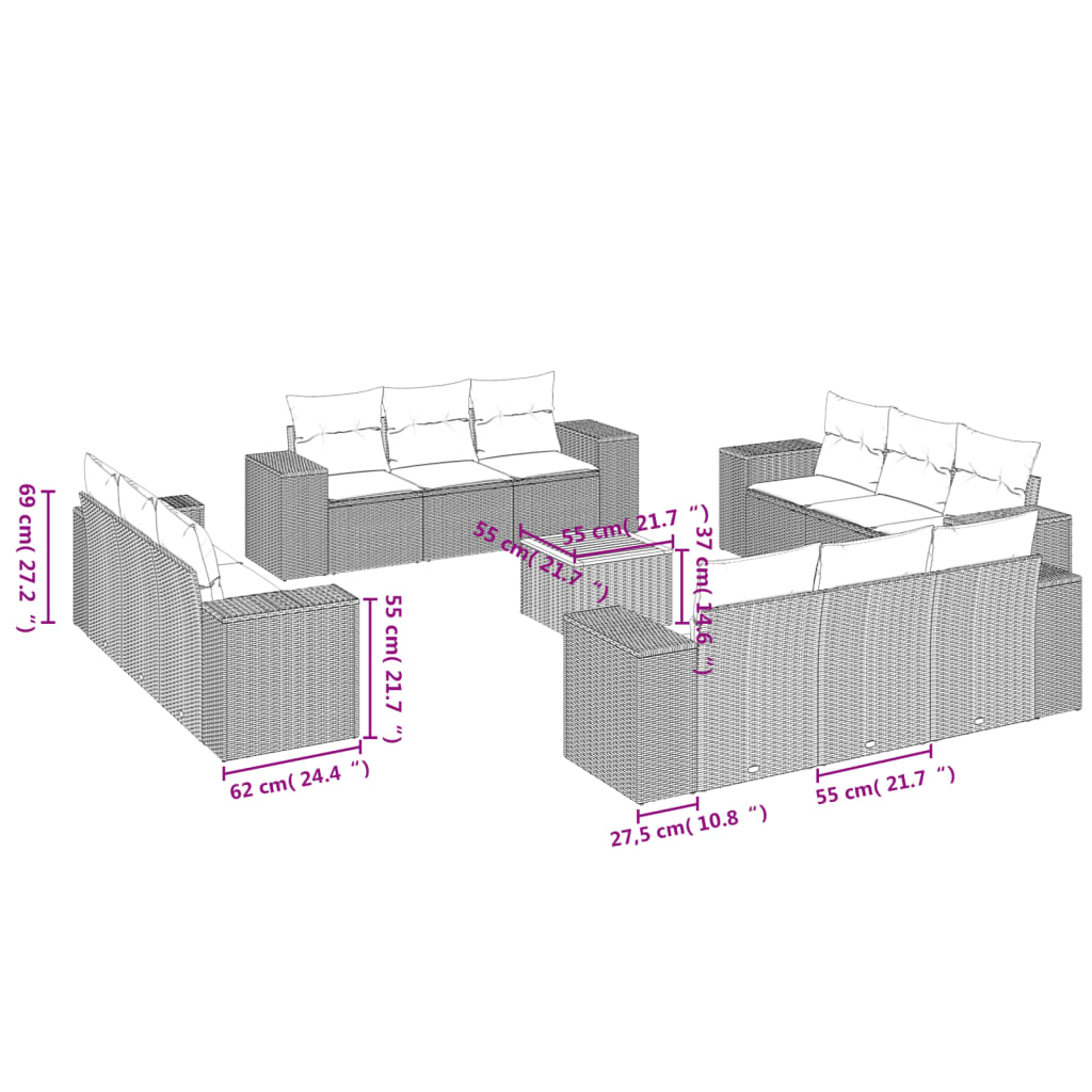 13-tlg. Garten-Sofagarnitur mit Kissen Beige Poly Rattan