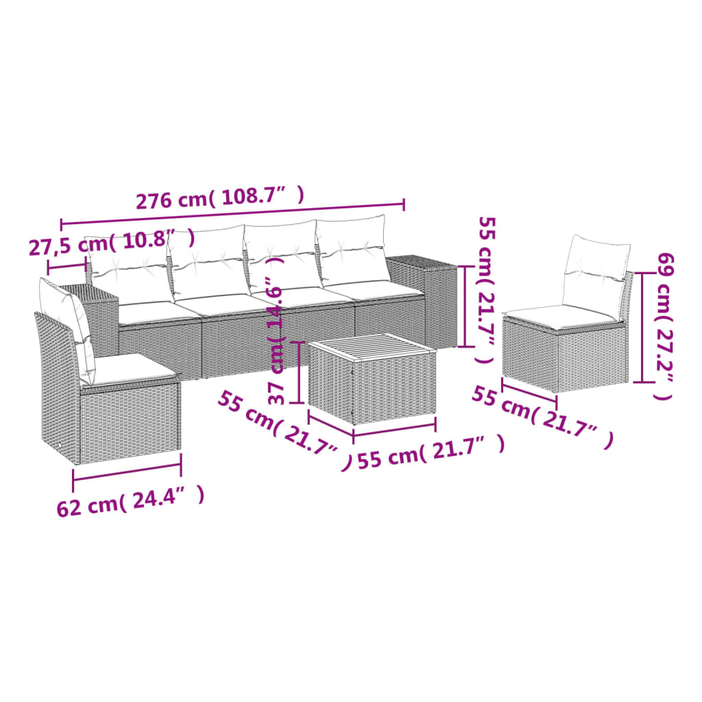 7-tlg. Garten-Sofagarnitur mit Kissen Grau Poly Rattan