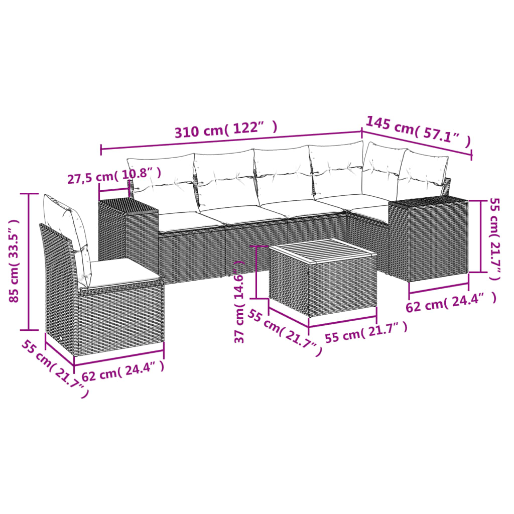 7-tlg. Garten-Sofagarnitur mit Kissen Grau Poly Rattan