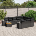 11-tlg. Garten-Sofagarnitur mit Kissen Schwarz Poly Rattan