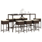 9-tlg. Gartenbar-Set mit Kissen Braun Poly Rattan
