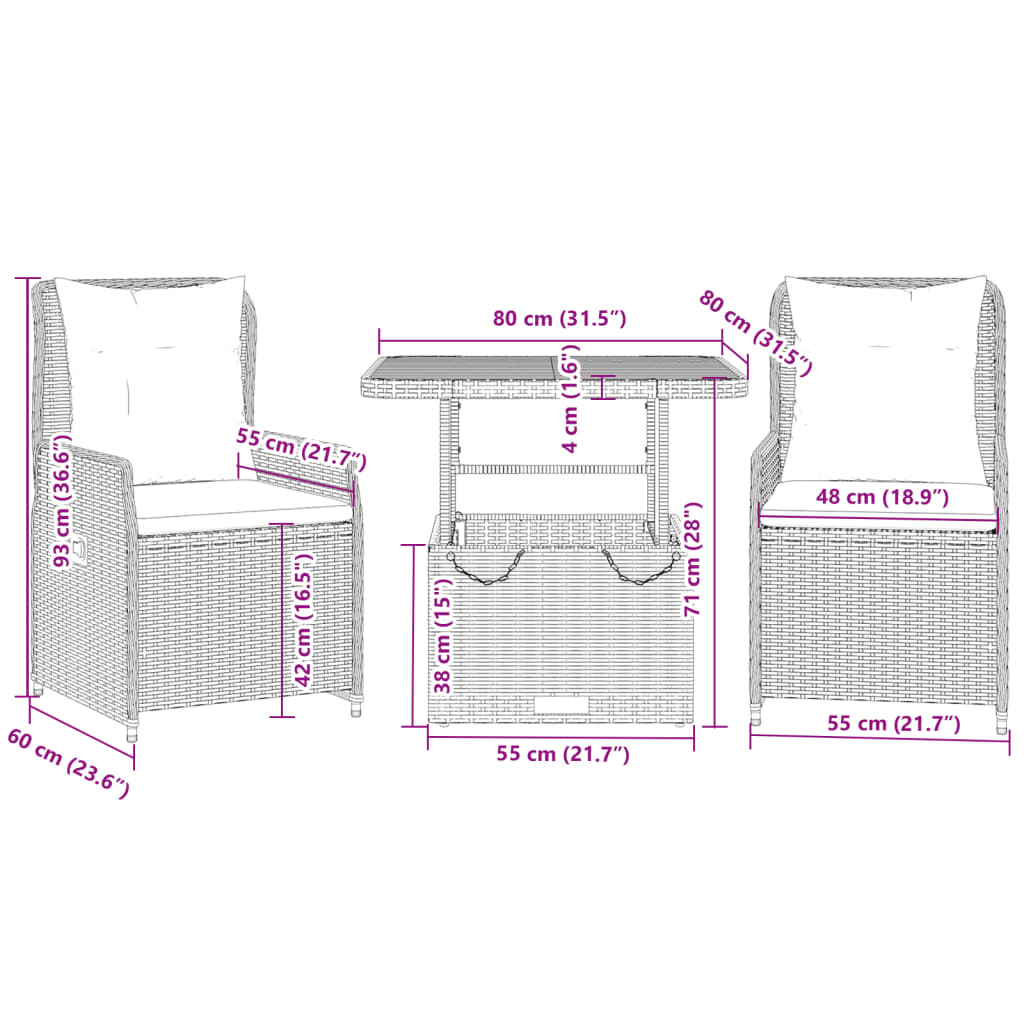 3-tlg. Bistro-Set mit Kissen Beige Poly Rattan