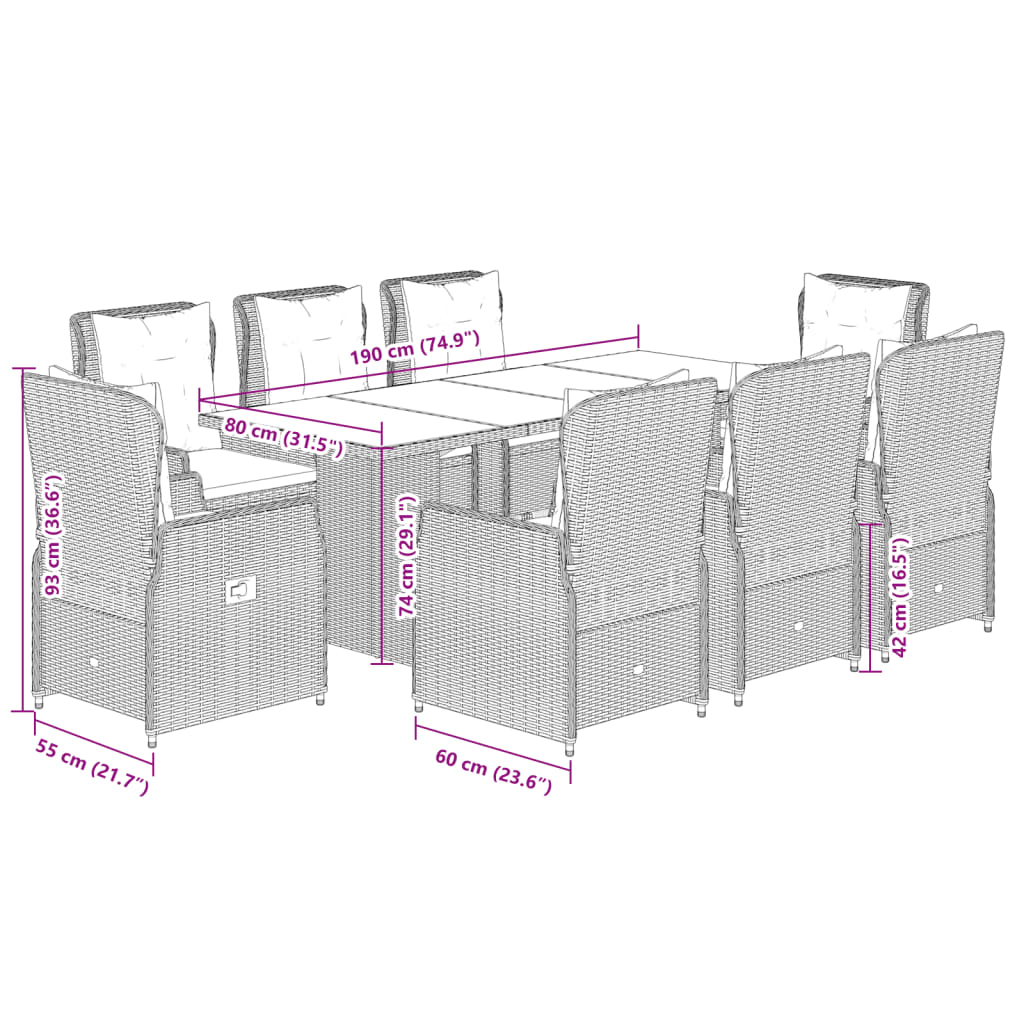 9-tlg. Garten-Essgruppe mit Kissen Schwarz Poly Rattan