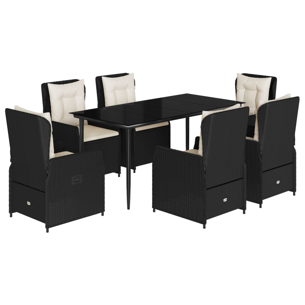7-tlg. Garten-Essgruppe mit Kissen Schwarz Poly Rattan