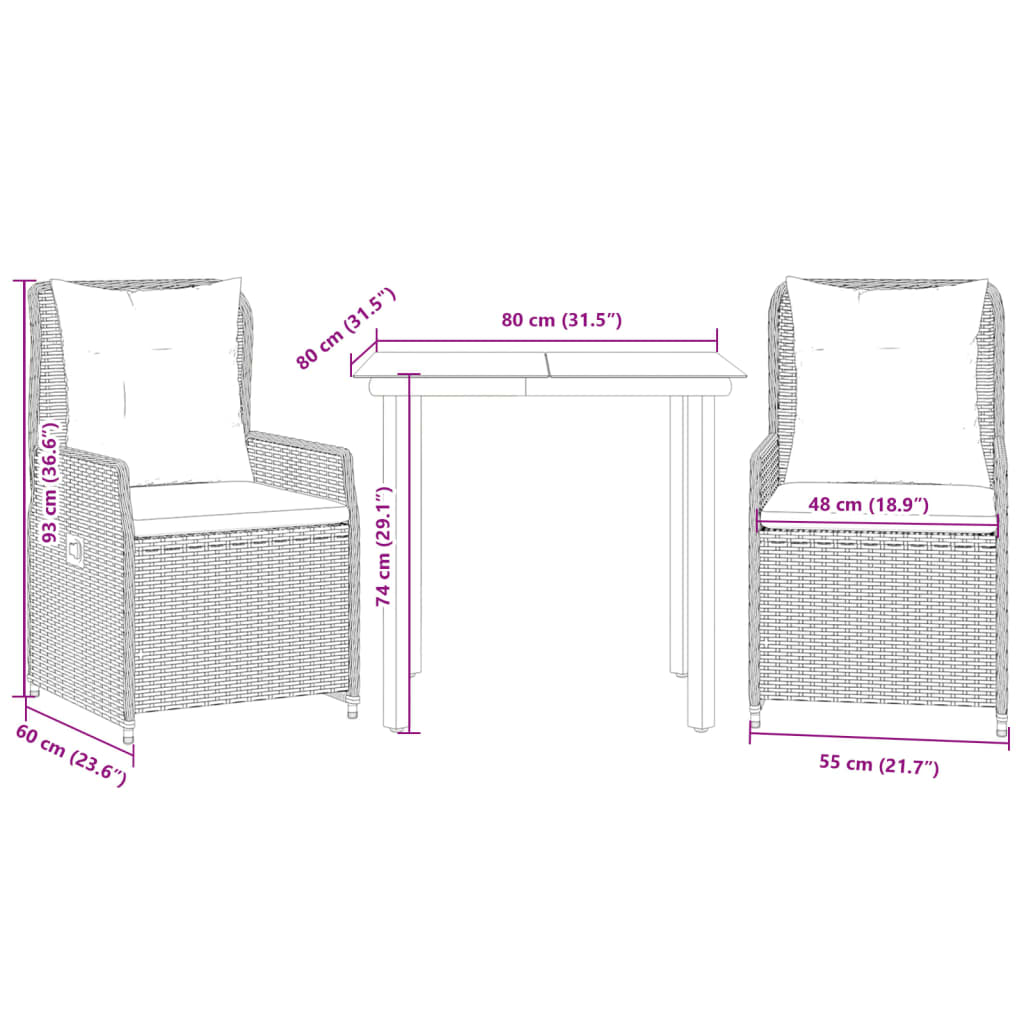 3-tlg. Garten-Essgruppe mit Kissen Braun Poly Rattan