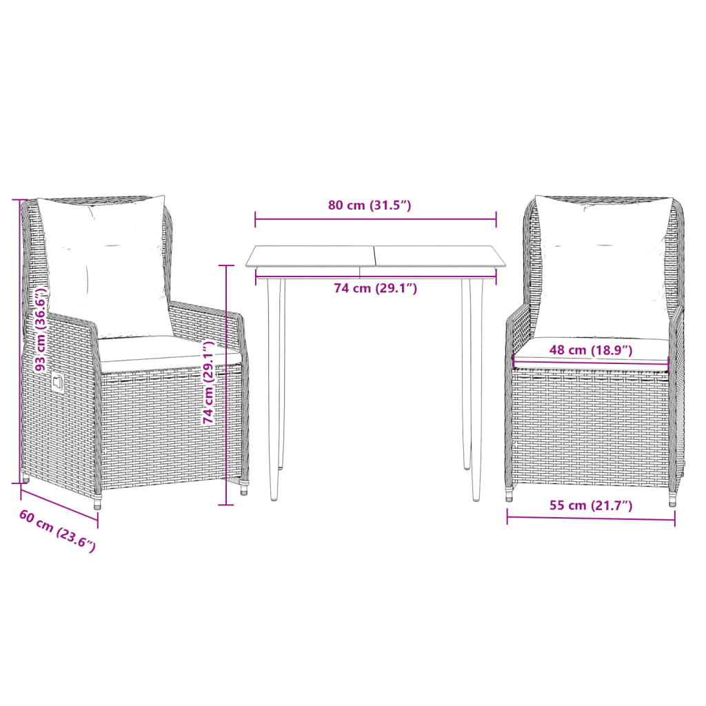 3-tlg. Garten-Essgruppe mit Kissen Hellgrau Poly Rattan