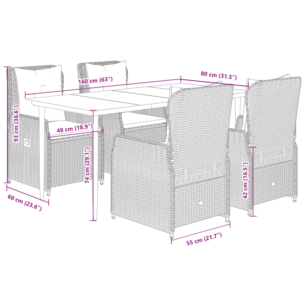 5-tlg. Garten-Essgruppe mit Kissen Hellgrau Poly Rattan