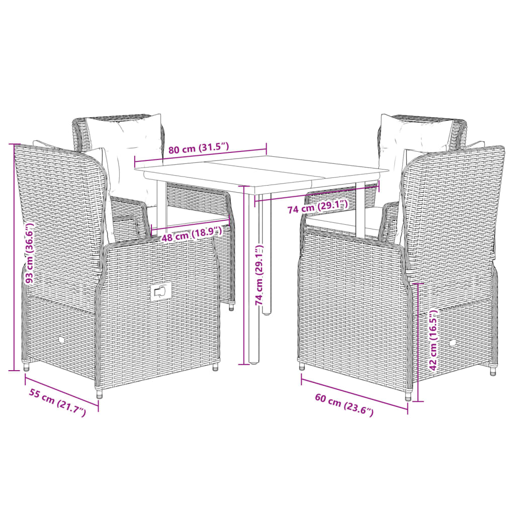 5-tlg. Garten-Essgruppe mit Kissen Hellgrau Poly Rattan