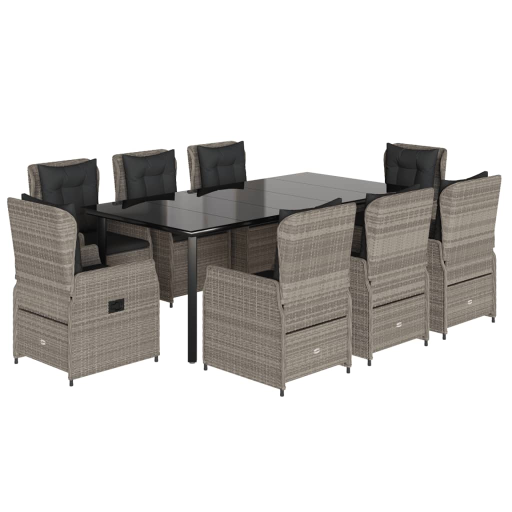 9-tlg. Garten-Essgruppe mit Kissen Hellgrau Poly Rattan