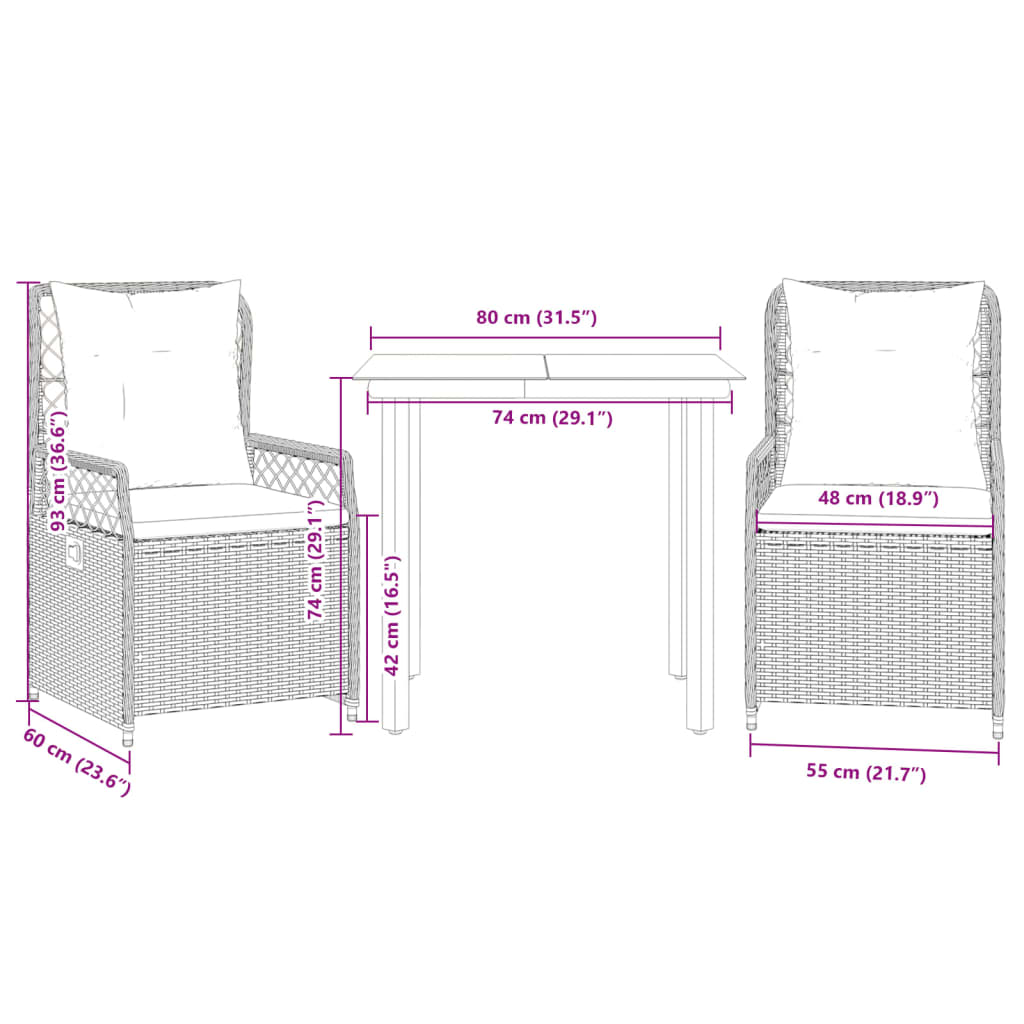 3-tlg. Garten-Essgruppe mit Kissen Grau Poly Rattan