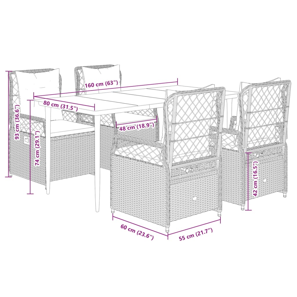 5-tlg. Garten-Essgruppe mit Kissen Beige Poly Rattan