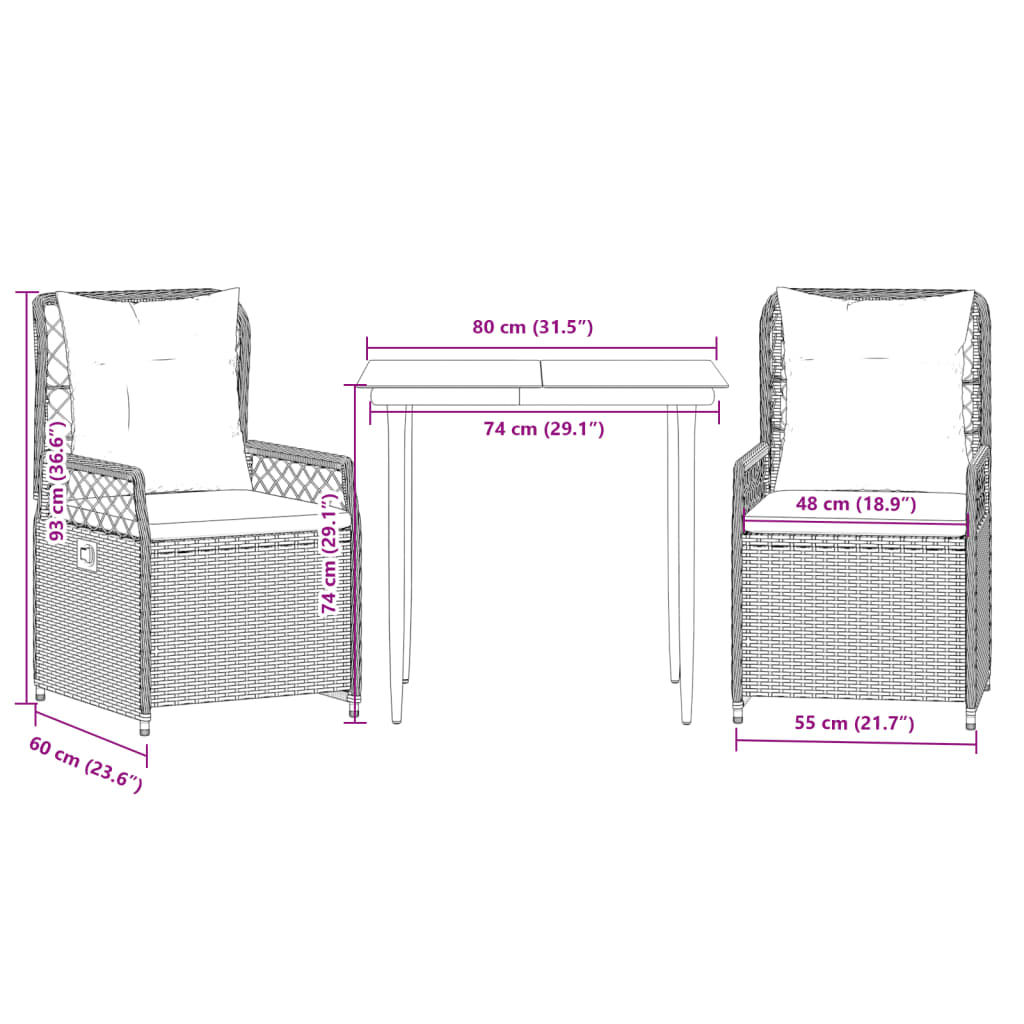 3-tlg. Garten-Essgruppe mit Kissen Beige Poly Rattan