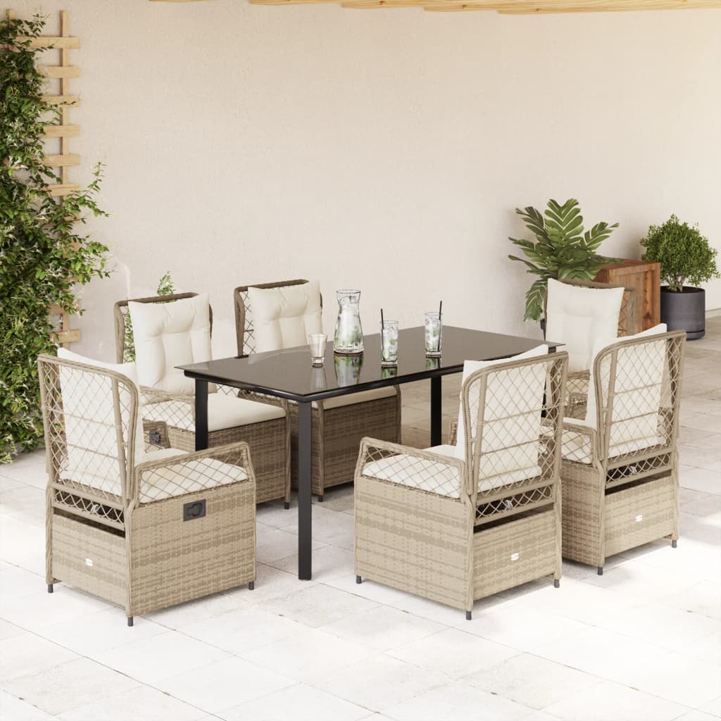 7-tlg. Garten-Essgruppe mit Kissen Beige Poly Rattan
