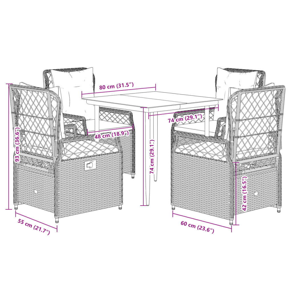 5-tlg. Garten-Essgruppe mit Kissen Hellgrau Poly Rattan