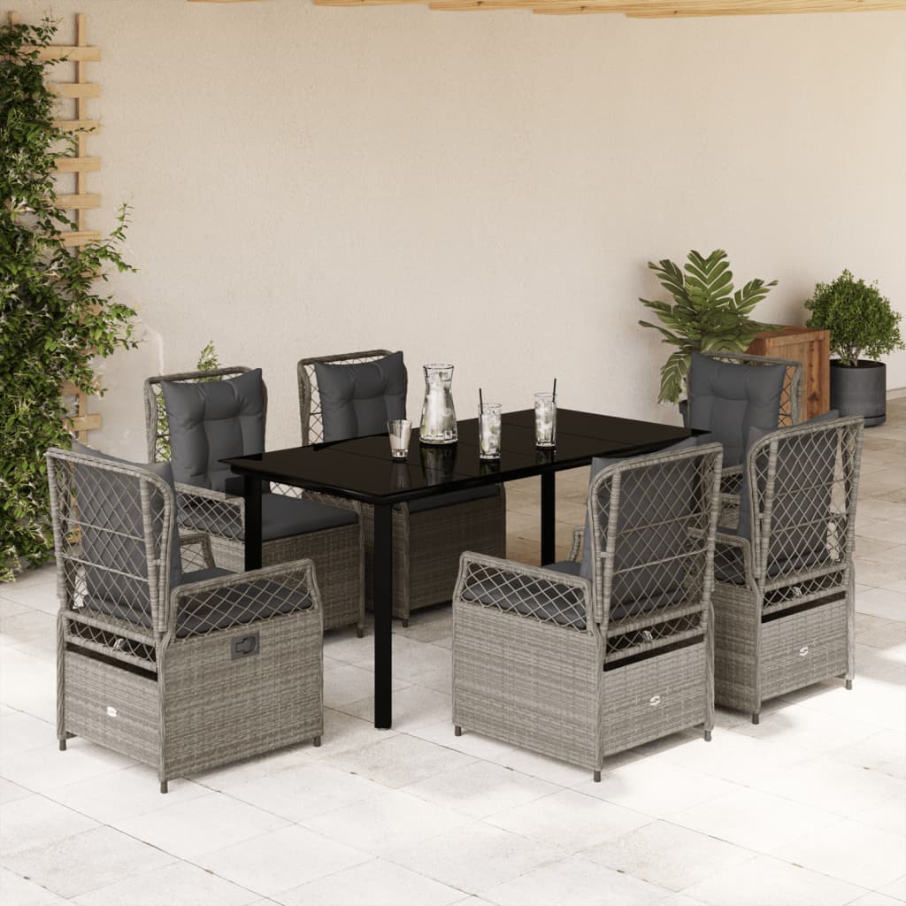 7-tlg. Garten-Essgruppe mit Kissen Hellgrau Poly Rattan