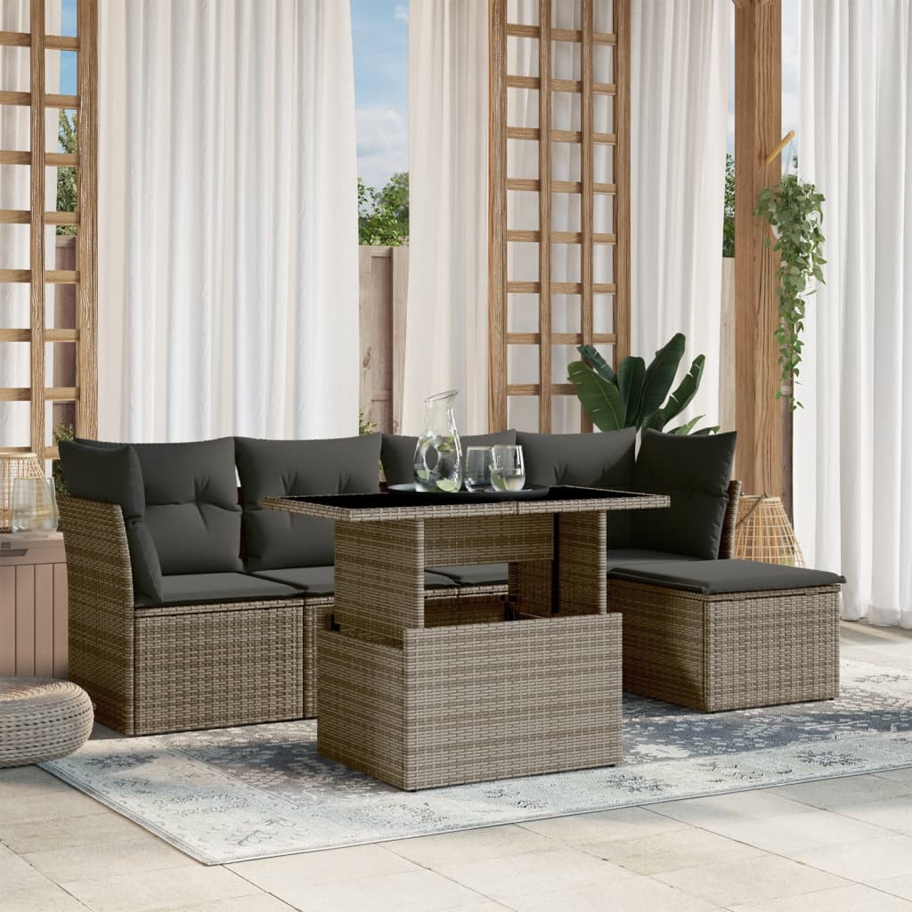 6-tlg. Garten-Sofagarnitur mit Kissen Grau Poly Rattan