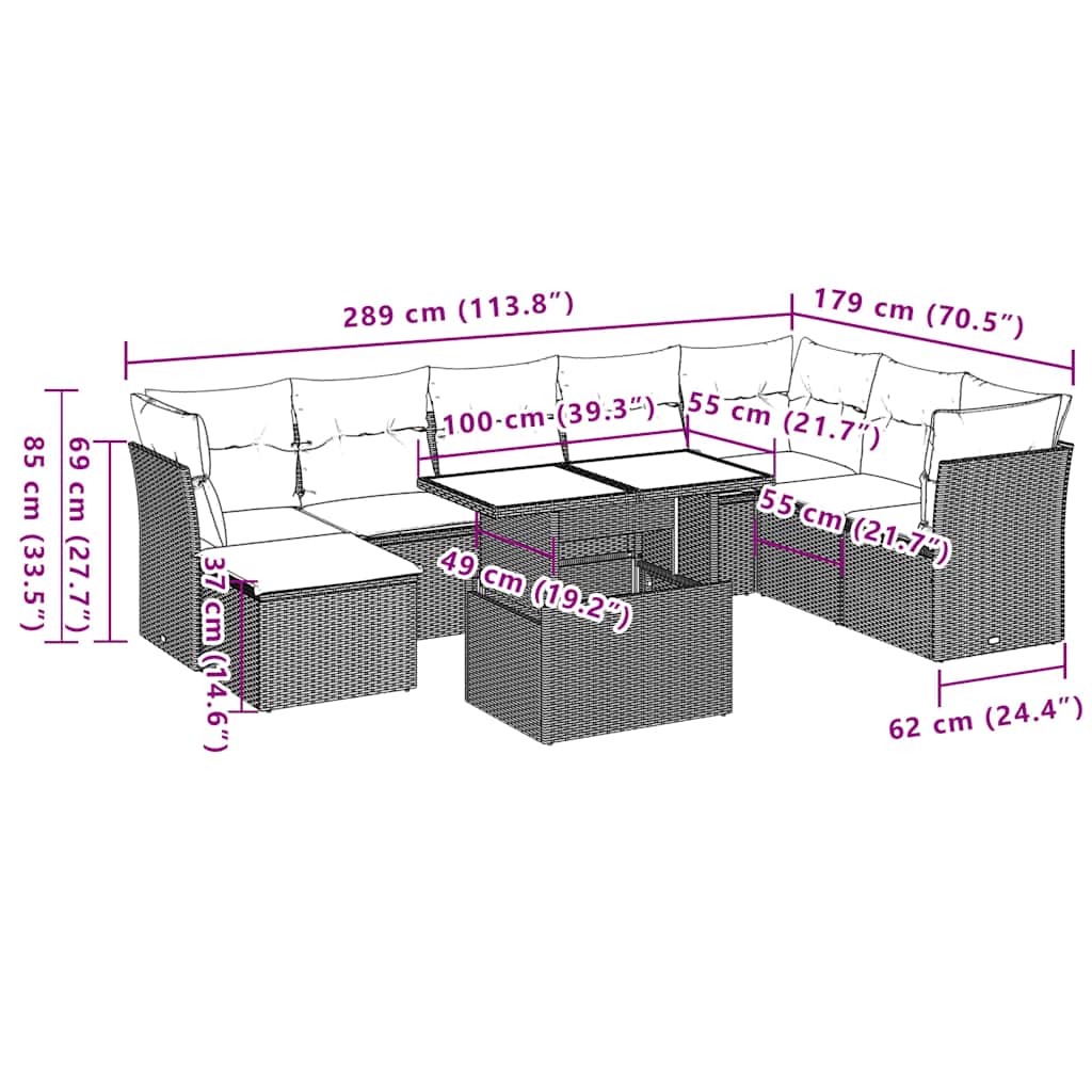9-teiliges Gartensofa-Set mit Kissen, grau, Polyrattan