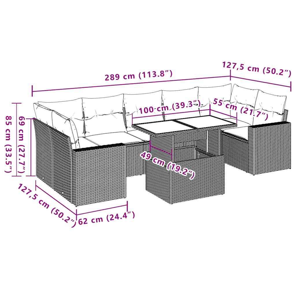 8-teiliges Gartensofa-Set mit Kissen, braun, Polyrattan