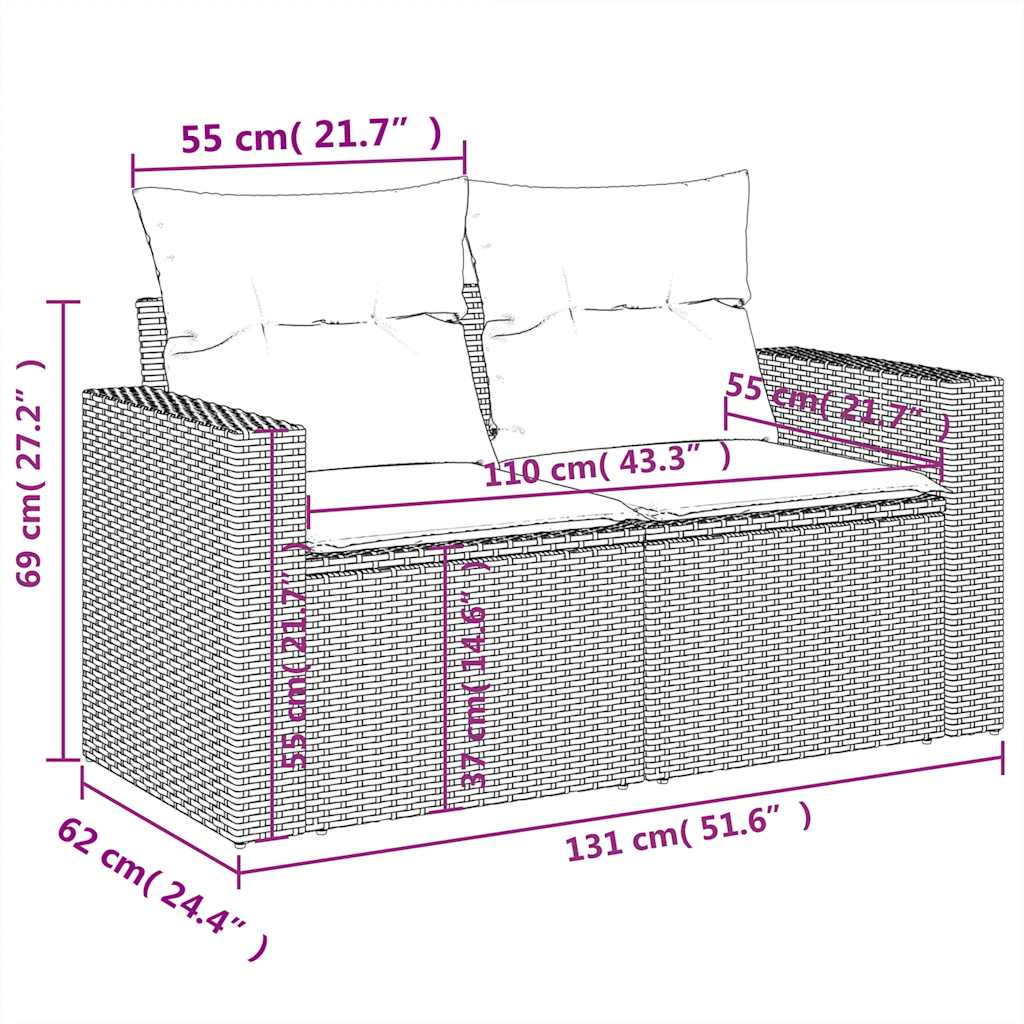 5-teiliges Gartensofa-Set mit Kissen, grau, Polyrattan