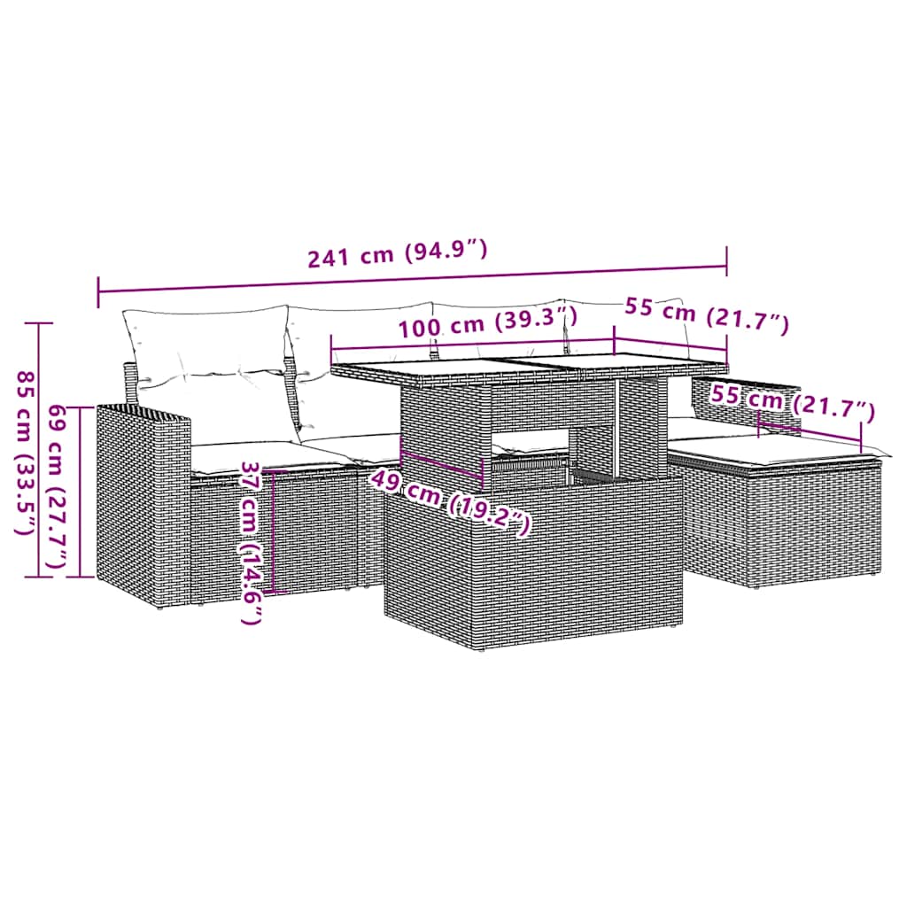 5-teiliges Gartensofa-Set mit Kissen, braun, Polyrattan
