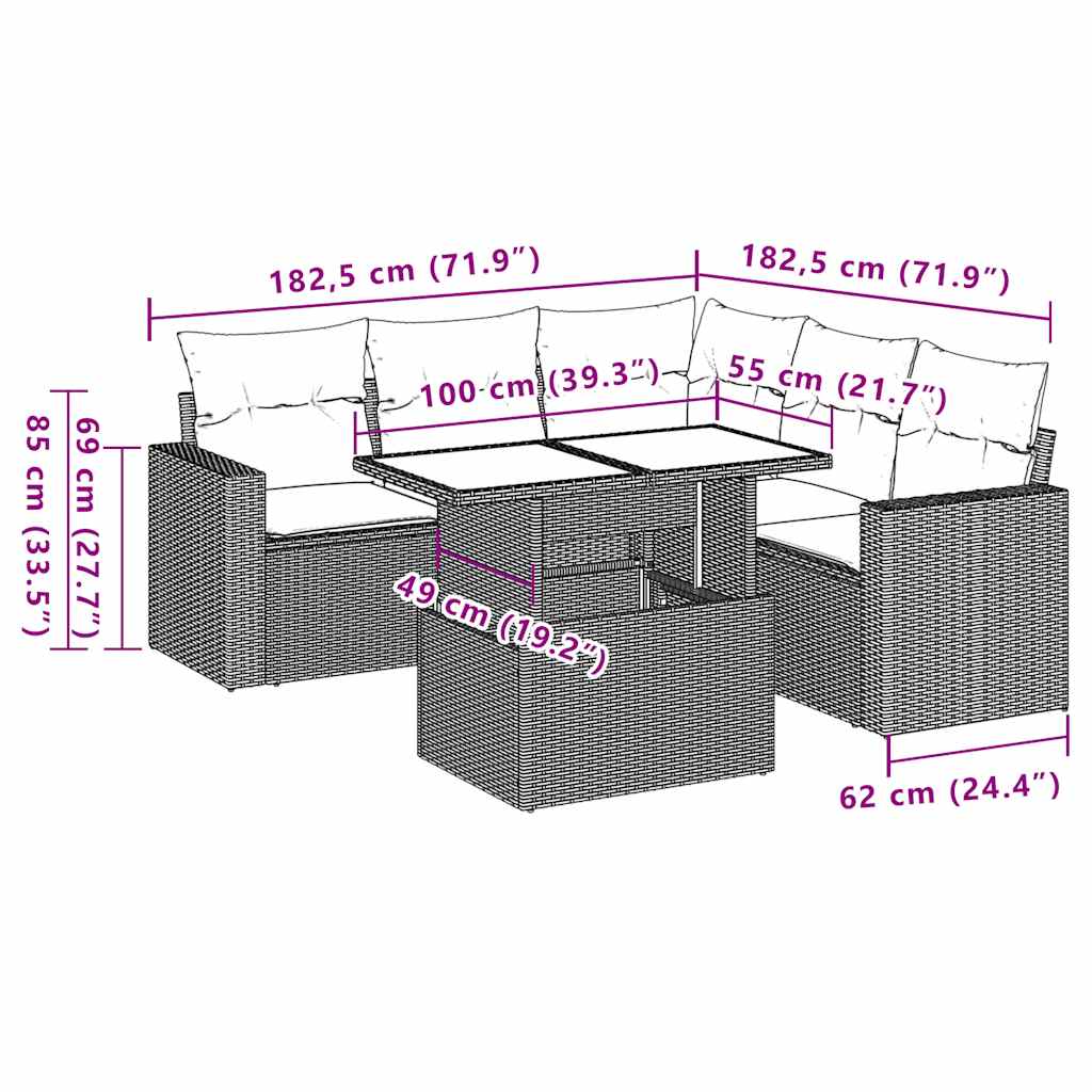 6-teiliges Gartensofa-Set mit Kissen, grau, Polyrattan