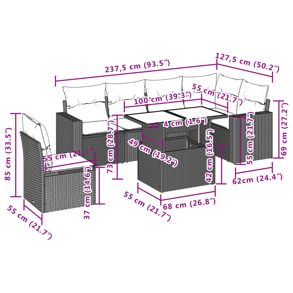 7-tlg. Garten-Sofagarnitur mit Kissen Grau Poly Rattan