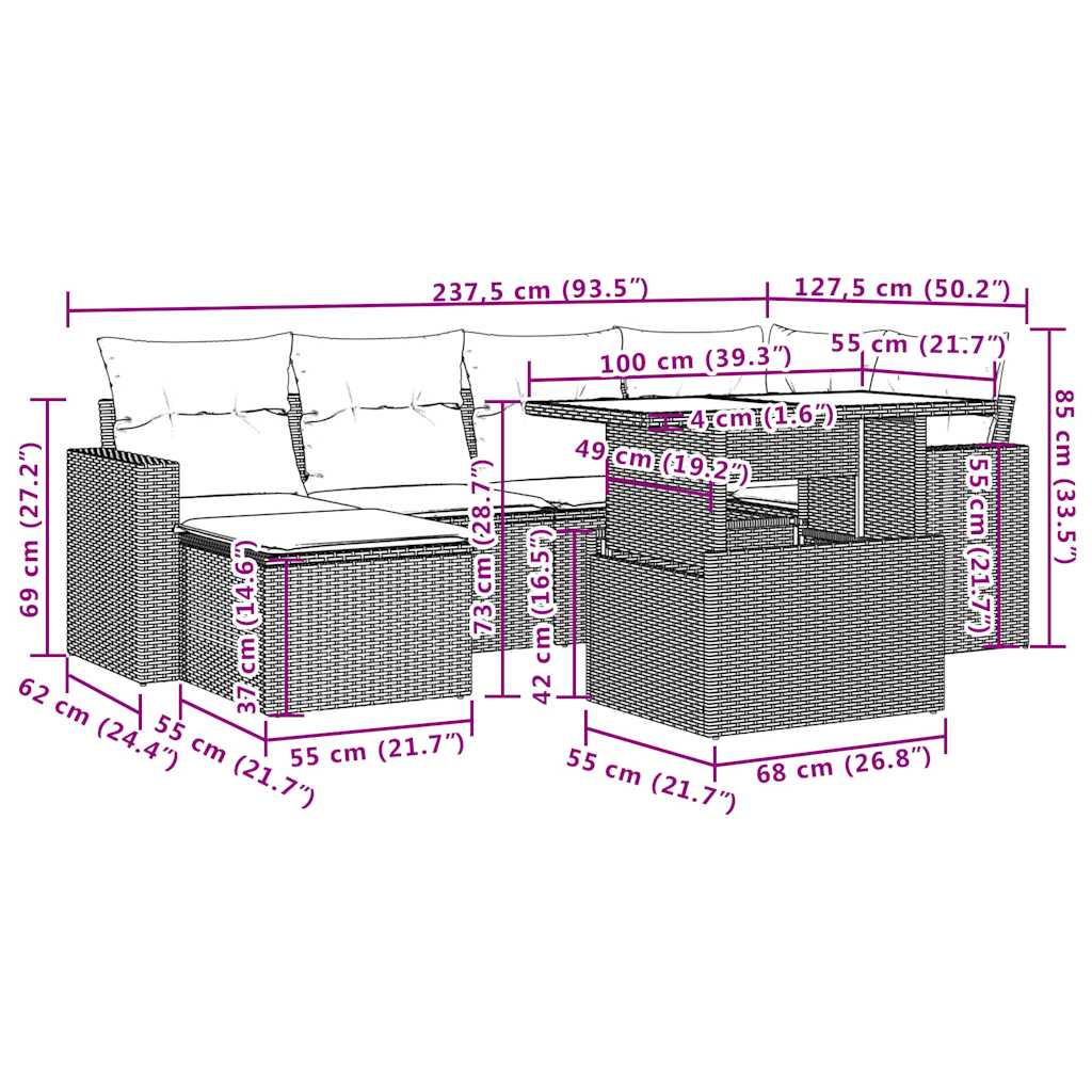 7-teiliges Gartensofa-Set mit Kissen, braun, Polyrattan
