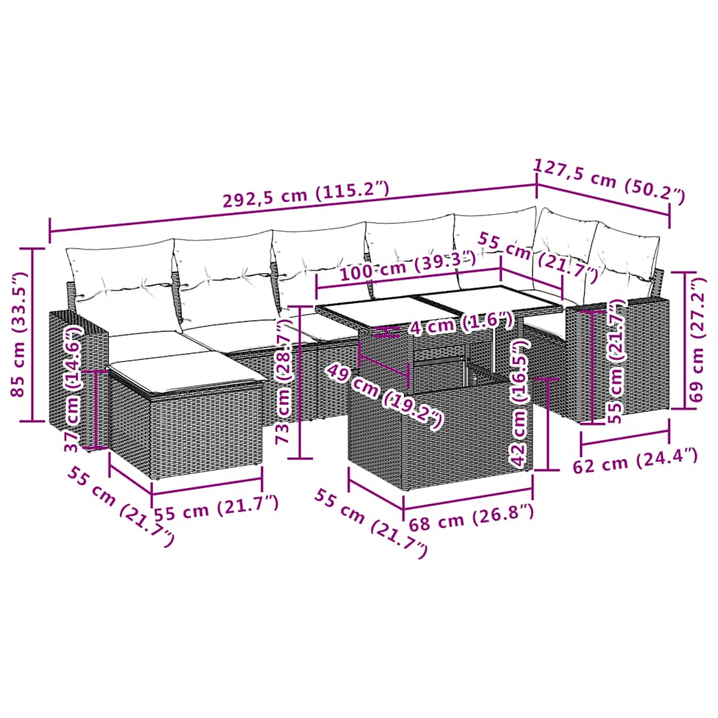8-teiliges Gartensofa-Set mit Kissen, braun, Polyrattan