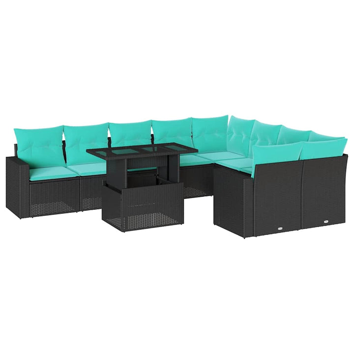 10-teiliges Gartensofa-Set mit Kissen, schwarzes Polyrattan