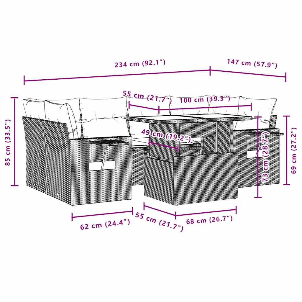 7-teiliges Gartensofa-Set mit Kissen, braun, Polyrattan