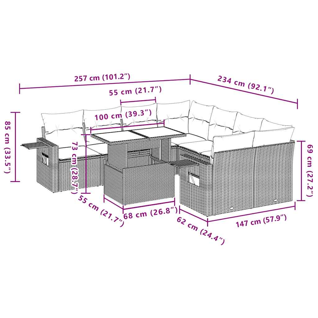 9-teiliges Gartensofa-Set mit Kissen, grau, Polyrattan