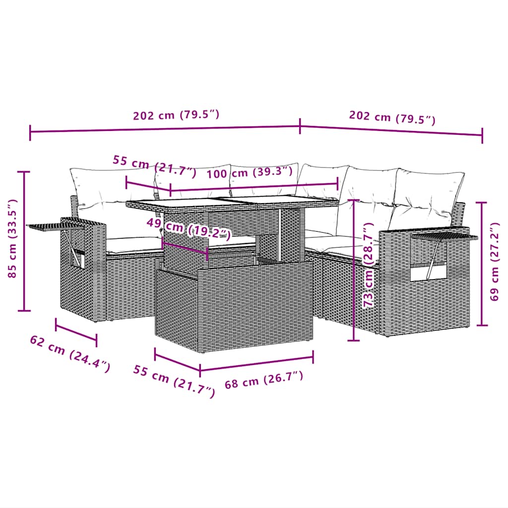 6-teiliges Gartensofa-Set mit Kissen, grau, Polyrattan