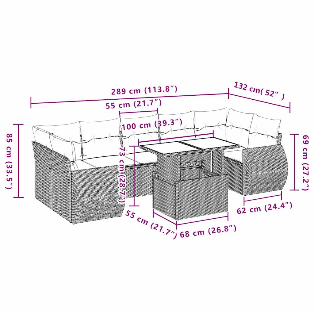 8-teiliges Gartensofa-Set mit Kissen, braun, Polyrattan