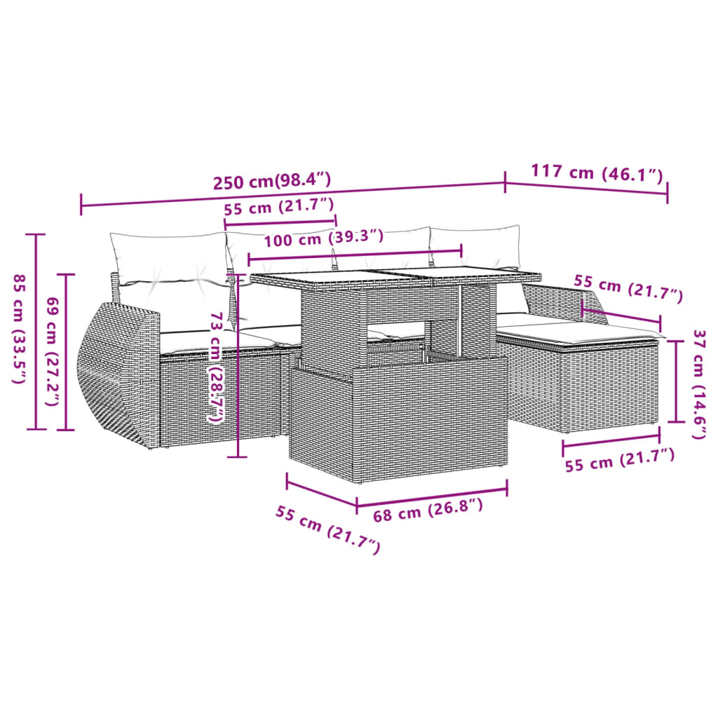 6-tlg. Garten-Sofagarnitur mit Kissen Braun Poly Rattan