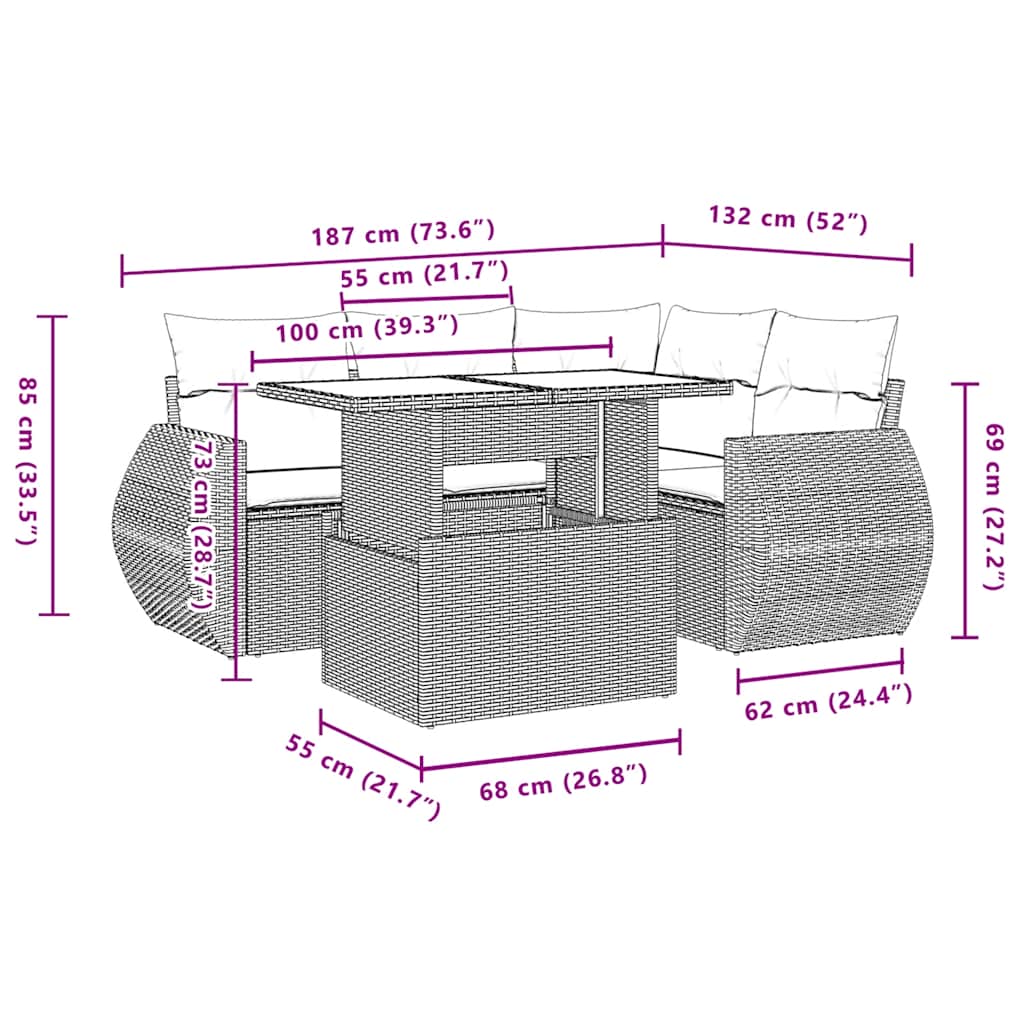 5-teiliges Gartensofa-Set mit Kissen, grau, Polyrattan
