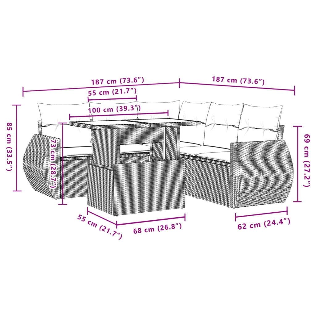 6-tlg. Garten-Sofagarnitur mit Kissen Grau Poly Rattan