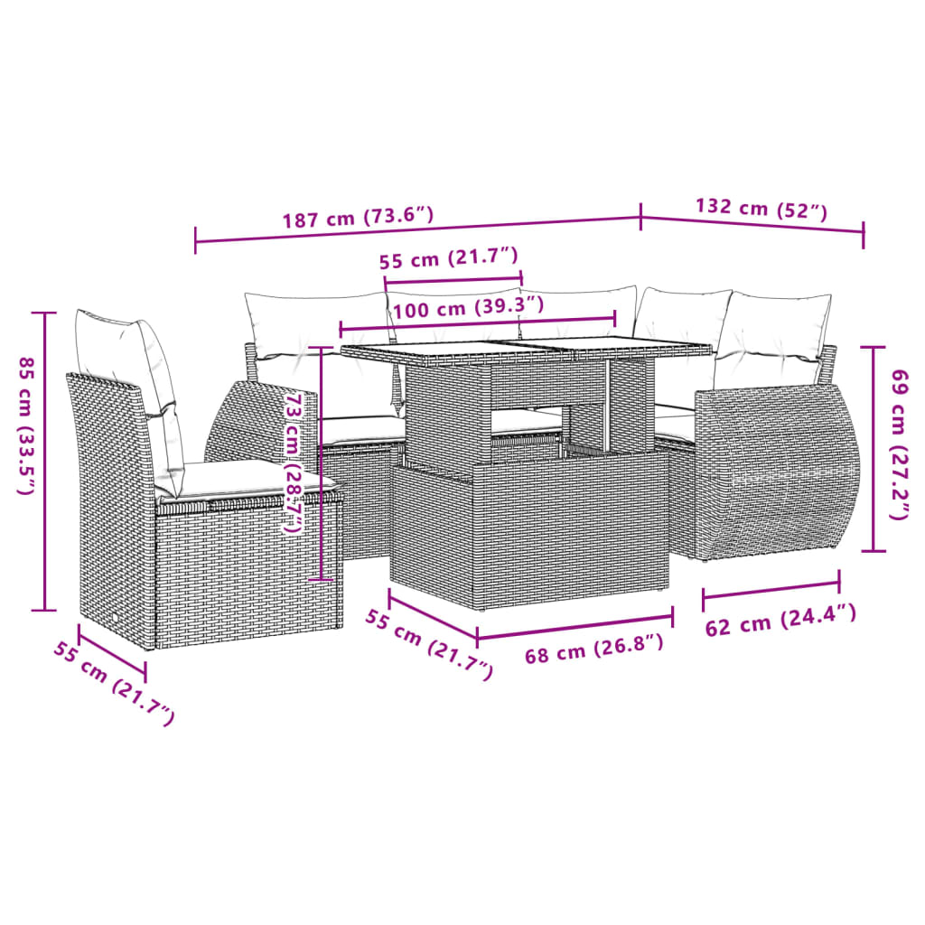 6-tlg. Garten-Sofagarnitur mit Kissen Braun Poly Rattan