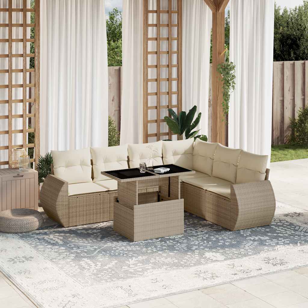 7-tlg. Garten-Sofagarnitur mit Kissen Beige Poly Rattan