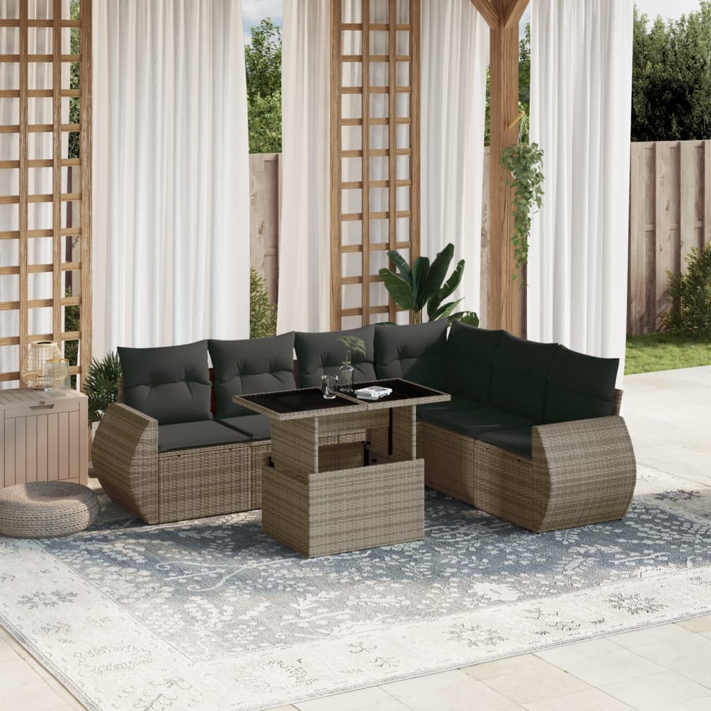 7-tlg. Garten-Sofagarnitur mit Kissen Grau Poly Rattan