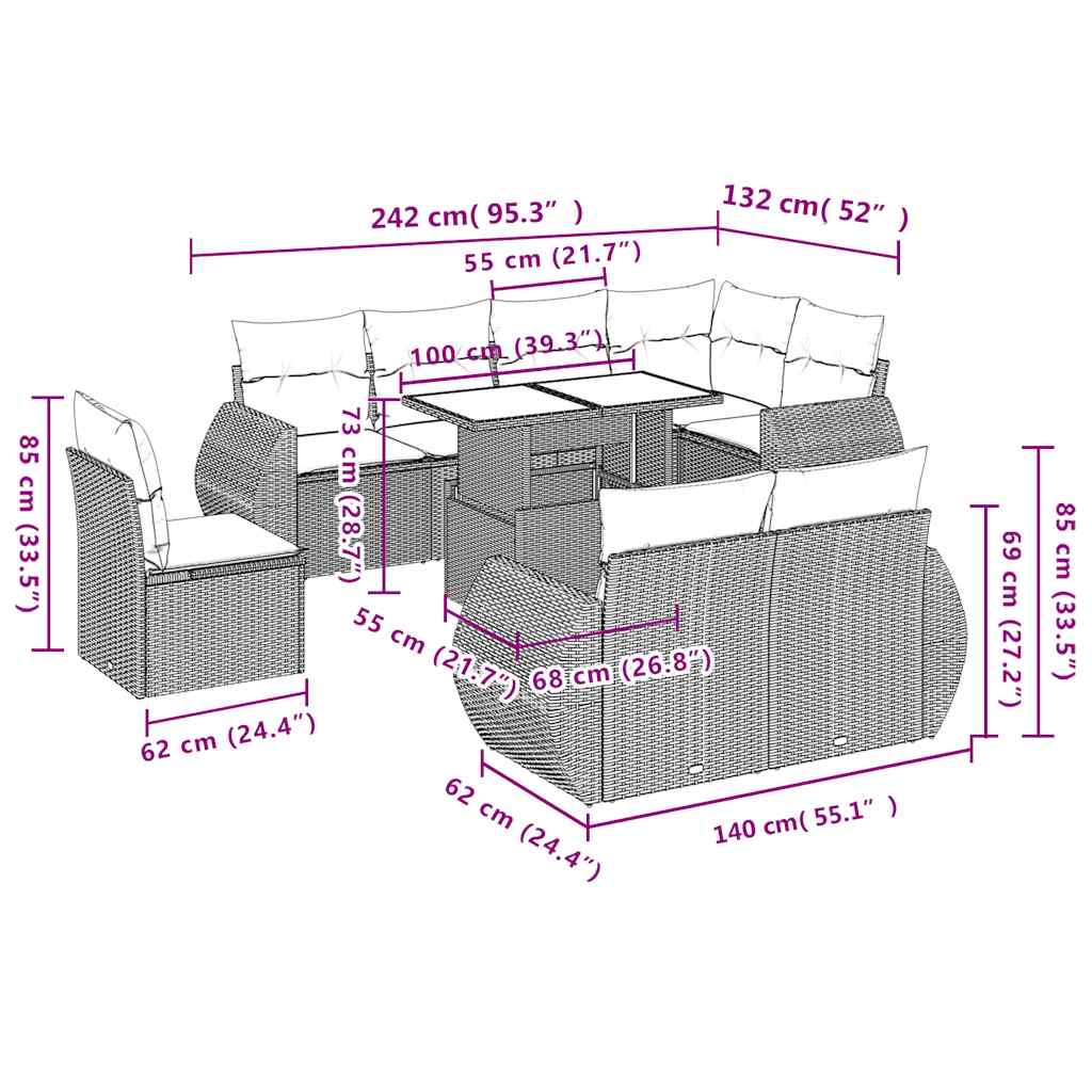 9-teiliges Gartensofa-Set mit Kissen, braun, Polyrattan