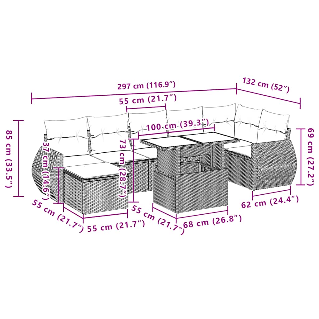 8-tlg. Garten-Sofagarnitur mit Kissen Braun Poly Rattan