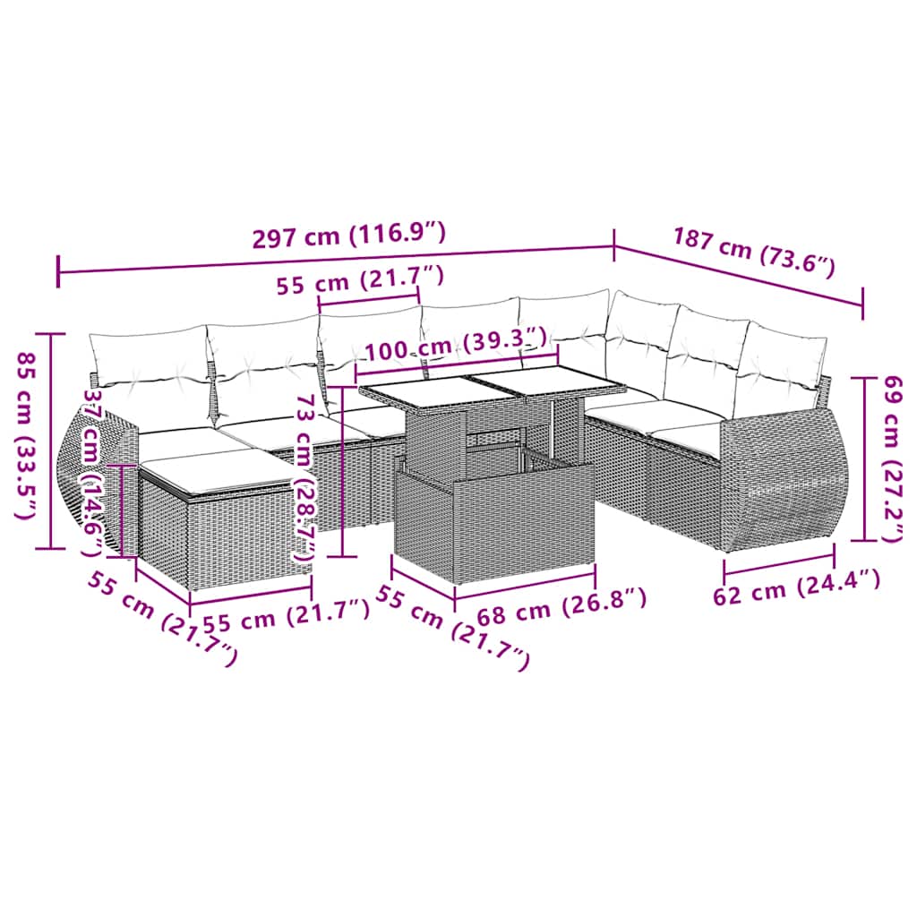 9-teiliges Gartensofa-Set mit Kissen, braun, Polyrattan