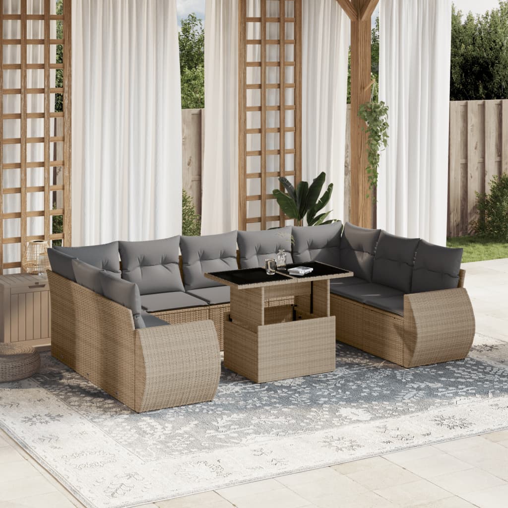 10-tlg. Garten-Sofagarnitur mit Kissen Beige Poly Rattan