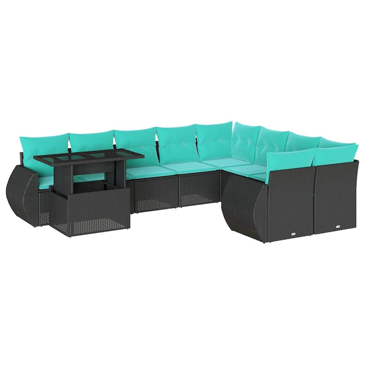 10-teiliges Gartensofa-Set mit Kissen, schwarzes Polyrattan