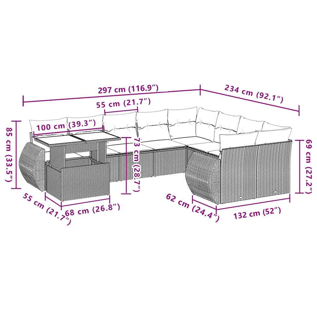 10-teiliges Gartensofa-Set mit Kissen, braun, Polyrattan