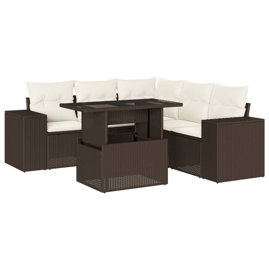 6-tlg. Garten-Sofagarnitur mit Kissen Braun Poly Rattan