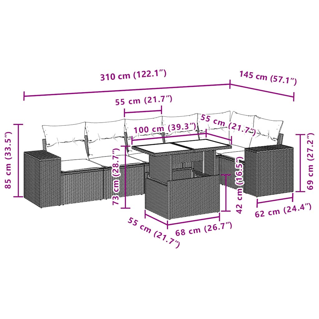 7-teiliges Gartensofa-Set mit Kissen, braun, Polyrattan