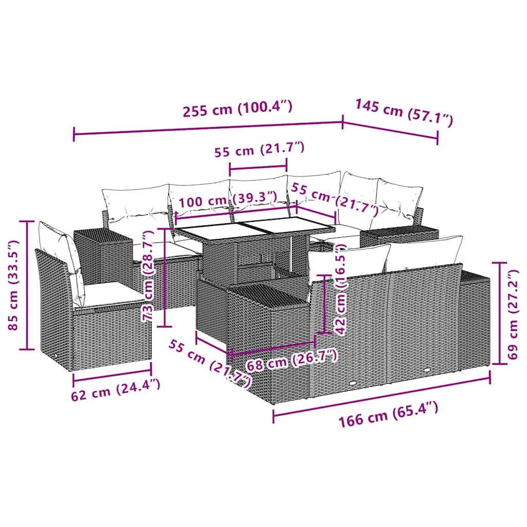 9-teiliges Gartensofa-Set mit Kissen, grau, Polyrattan