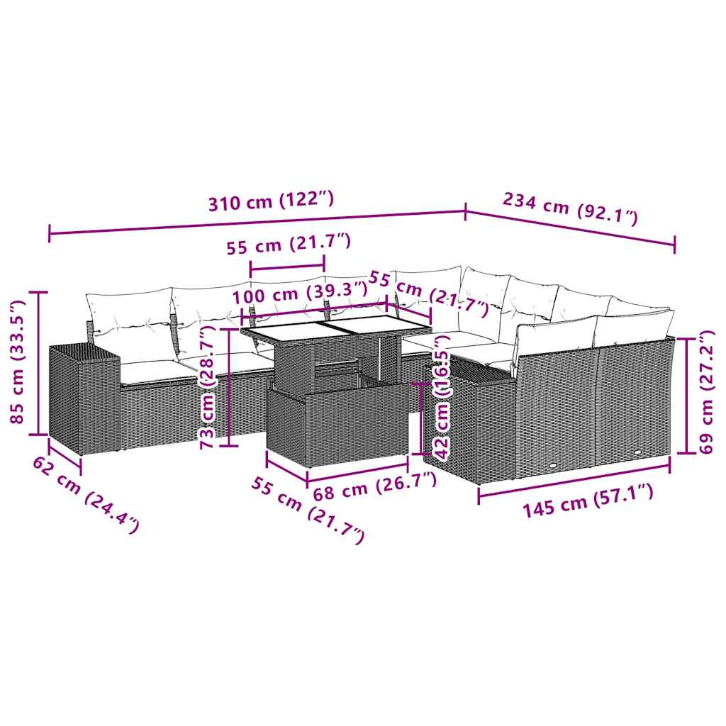 10-teiliges Gartensofa-Set mit Kissen, grau, Polyrattan